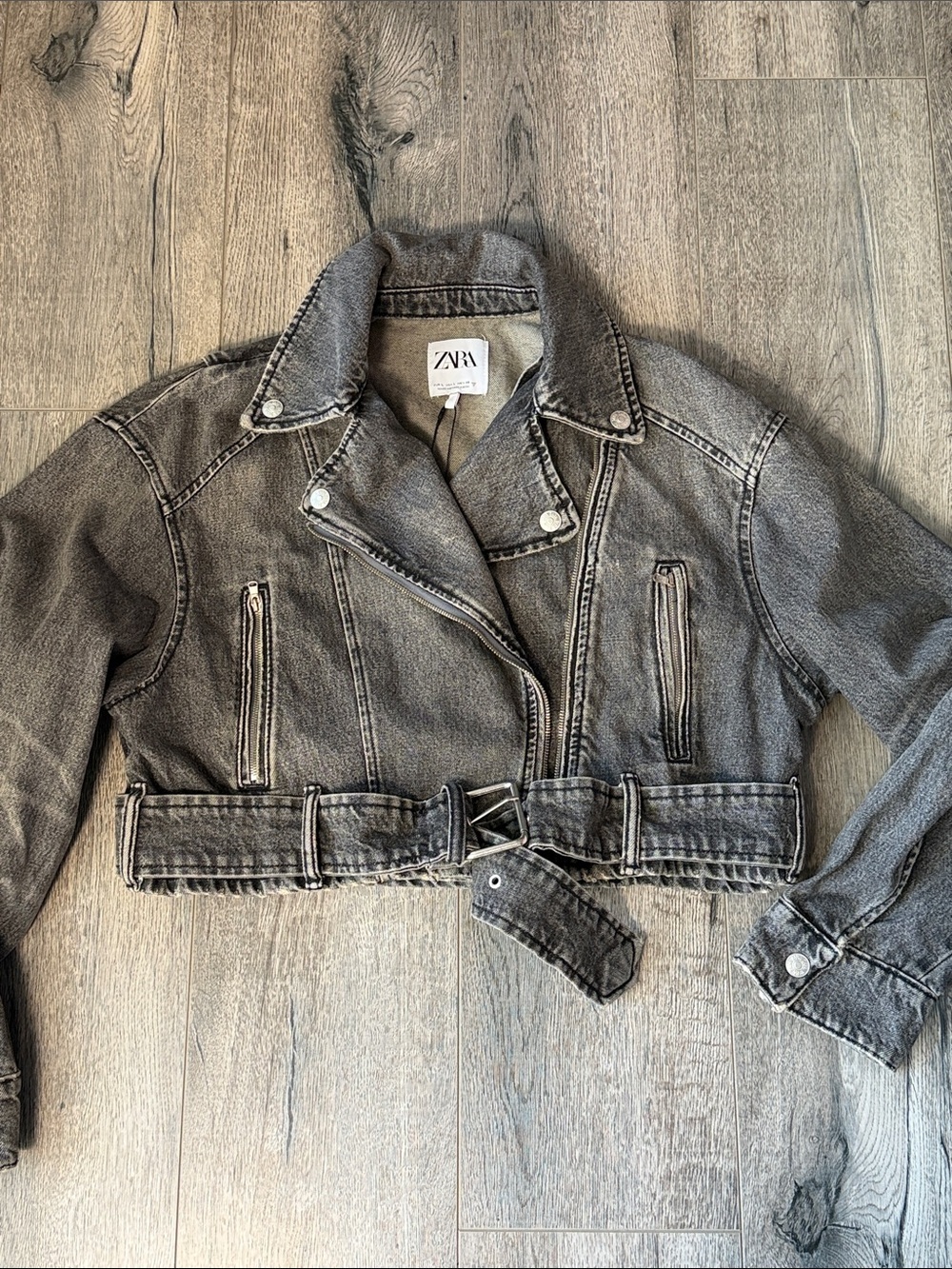 Zara Black Washed Cropped Denim Moto Jacket - Picture 9 of 13